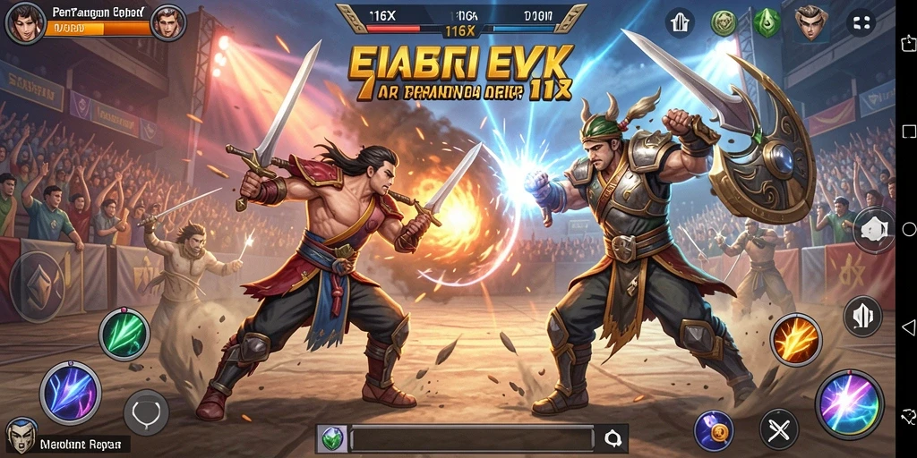 Screenshot gameplay 116X menampilkan pertarungan seru di arena.