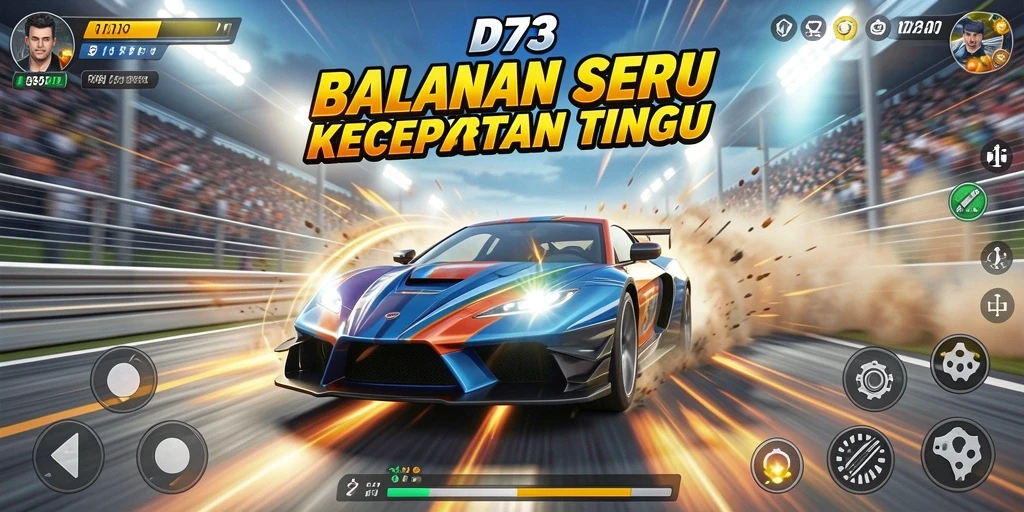 Screenshot D73 menampilkan aksi balapan seru dan kendaraan yang berkecepatan tinggi.