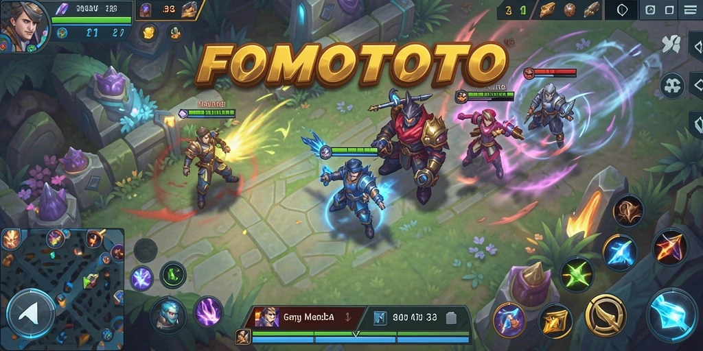 Screenshot gameplay FOMOTOTO menampilkan pertarungan seru antar karakter MOBA.